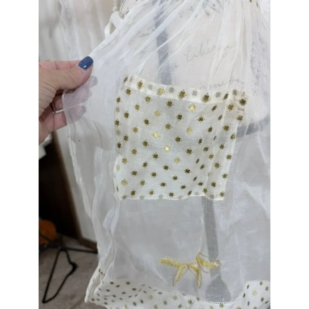 Vintage 1940s Sheer White Half Apron Gold Foil Clover Yellow Floral Embroidery
